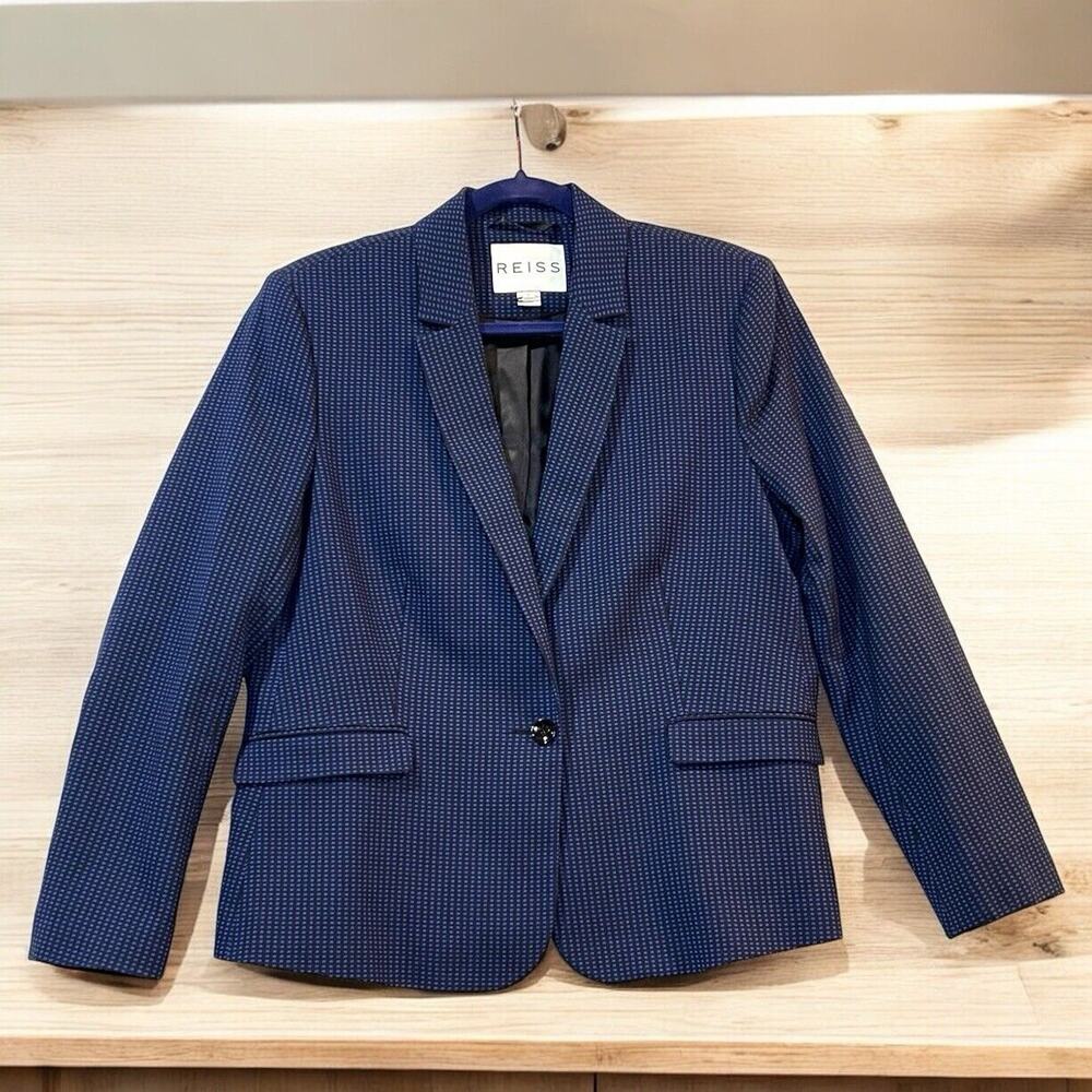Reiss Womens Blazer Large Slim Blue Black Micro Check 1 Button Sullivan